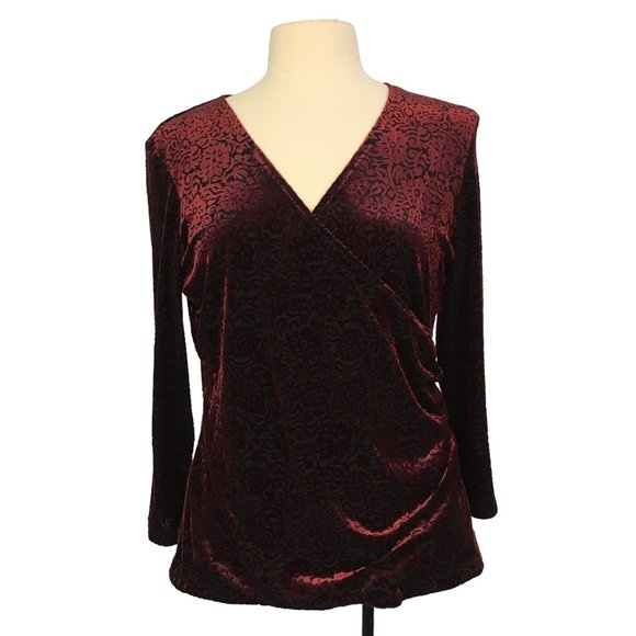 Notations Cothing 8 Burgundy Velvet Faux‎ Wrap Long Sleeved Blouse, sz Large - Picture 1 of 9